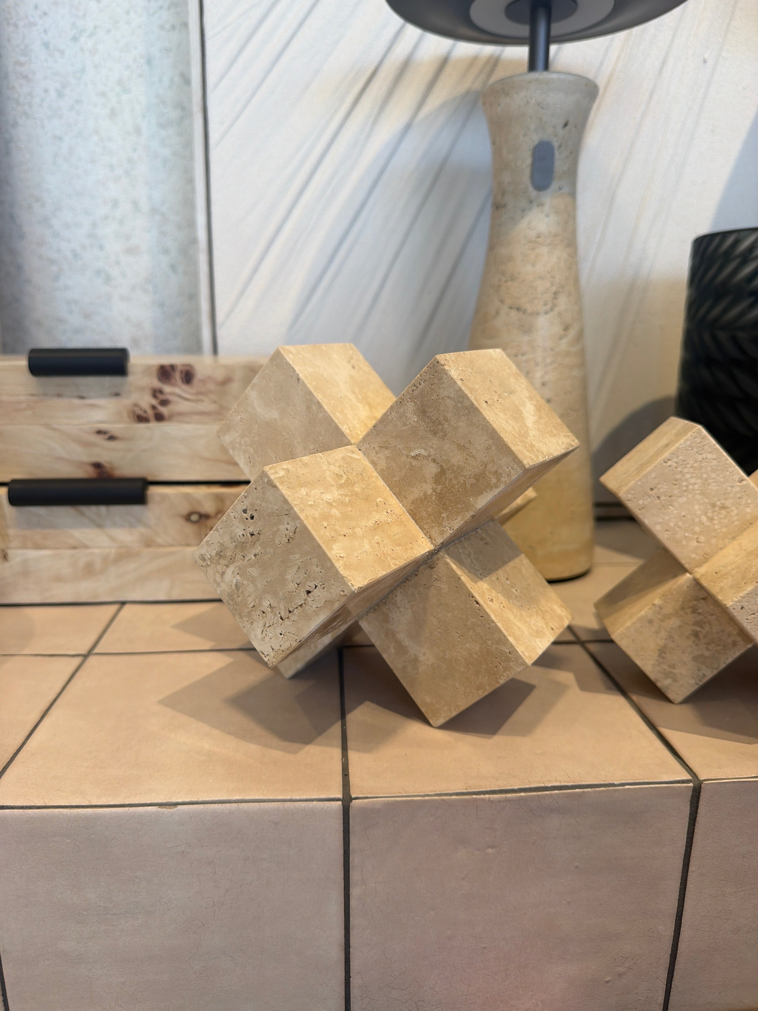 Geometric Travertine Cross Sculpture (Large)