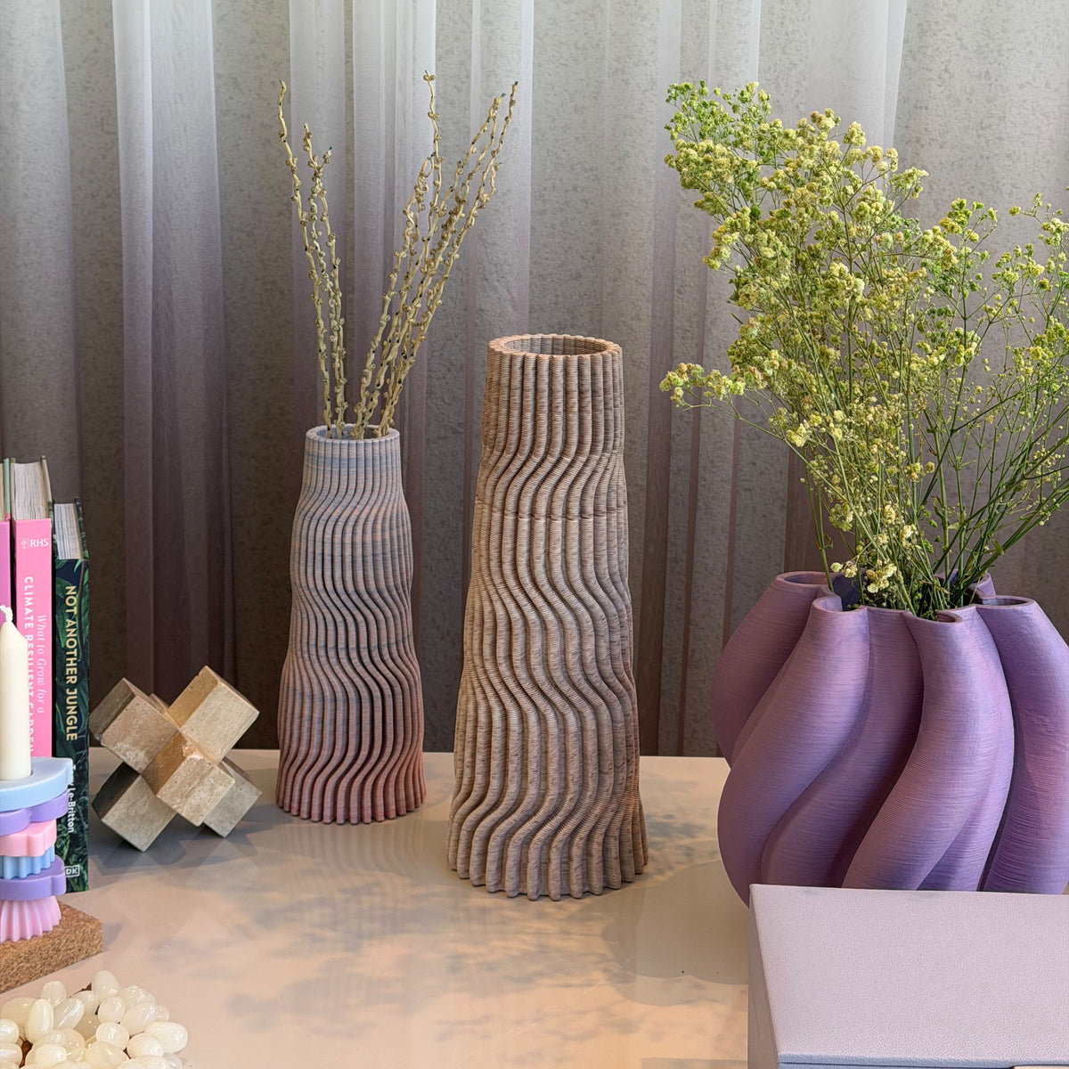 Beige Wavy Ribbed Vase